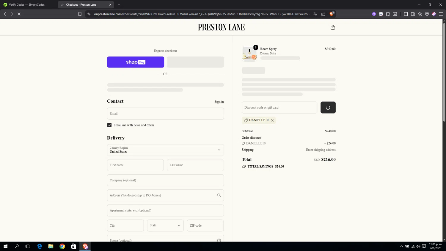 Preston Lane checkout page showing Preston Lane promo code box | Screenshot taken by SimplyCodes community member on Jan 7, 2026