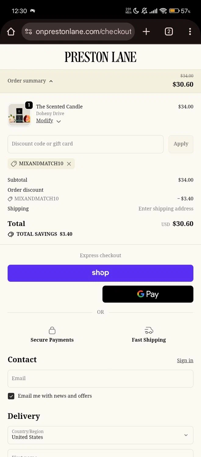 Preston Lane promo code screenshot showing code mixandmatch10 applied at Preston Lane checkout page. Uploaded by SimplyCodes community member Bjhfuhdf on Oct 22, 2025