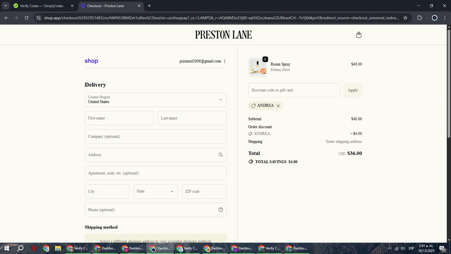 Preston Lane promo code screenshot showing code Andrea applied at Preston Lane checkout page. Uploaded by SimplyCodes community member RoyalBoss4384 on Nov 19, 2025
