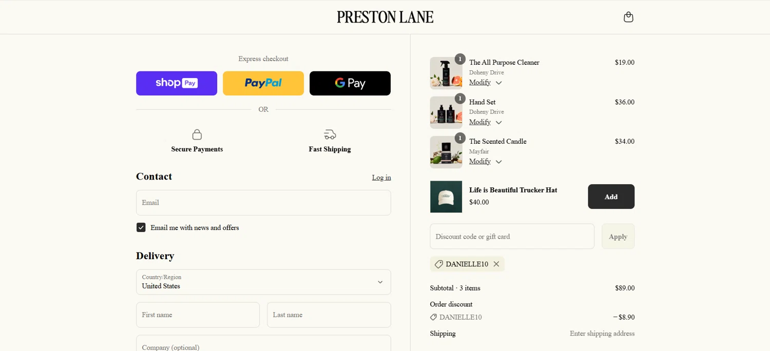 Preston Lane promo code screenshot showing code DANIELLE10 applied at Preston Lane checkout page. Uploaded by SimplyCodes community member HoneyJean on Jul 16, 2025