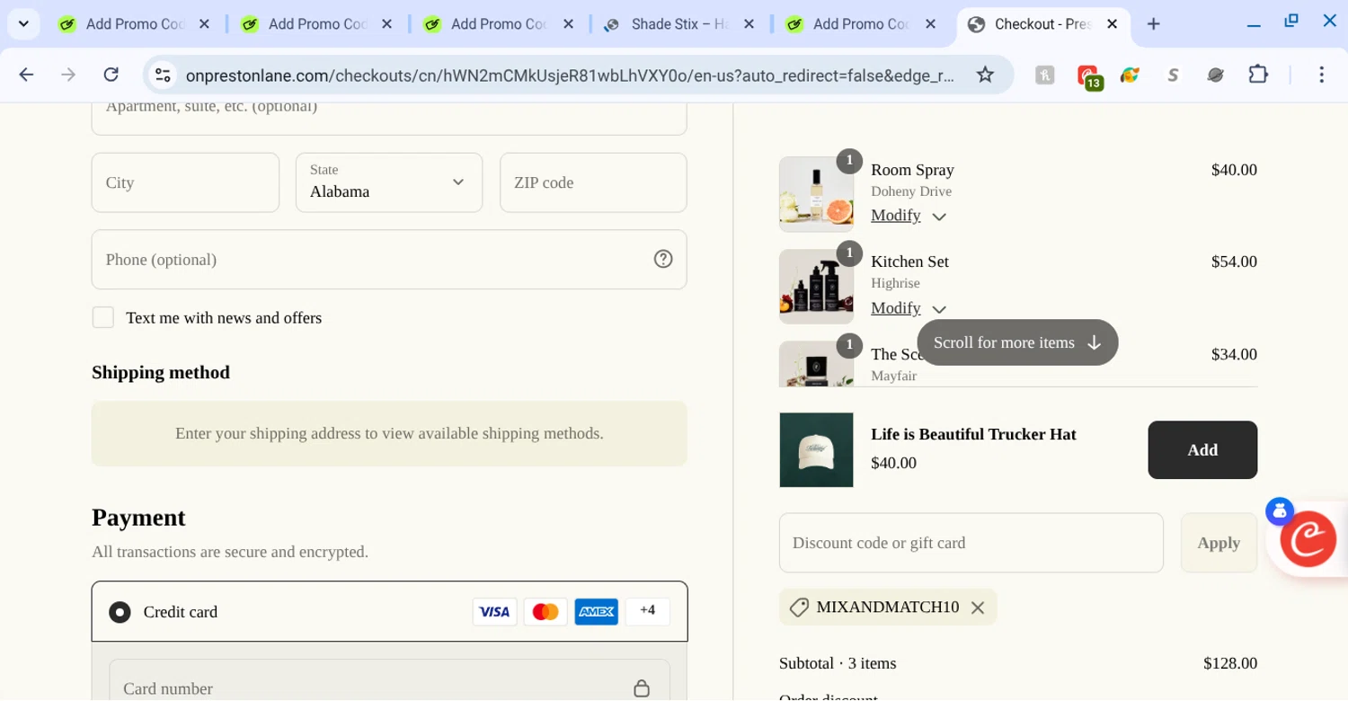 Preston Lane promo code screenshot showing code mixandmatch10 applied at Preston Lane checkout page. Uploaded by SimplyCodes community member KarinaHZ on Sep 9, 2025