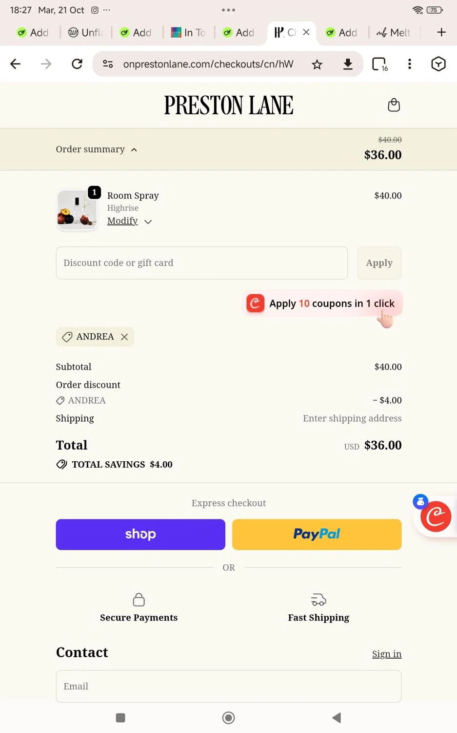 Preston Lane promo code screenshot showing code Andrea applied at Preston Lane checkout page. Uploaded by SimplyCodes community member KarinaHZ on Oct 21, 2025