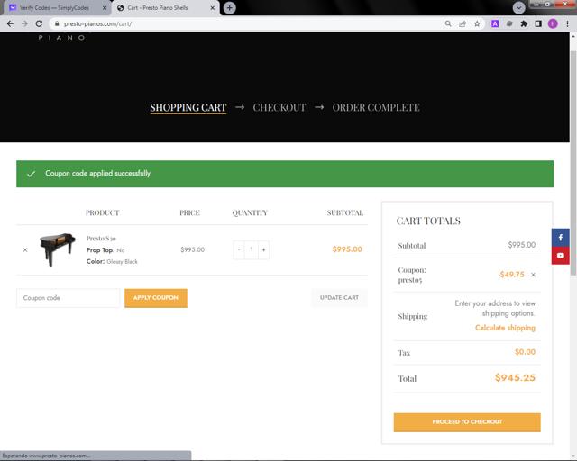 Presto Piano checkout page showing Presto Piano promo code box | Screenshot taken by SimplyCodes community member on Mar 28, 2024