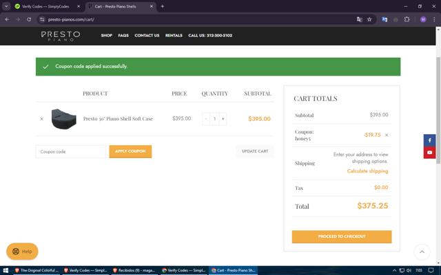 Presto Piano checkout page showing Presto Piano promo code box | Screenshot taken by SimplyCodes community member on Oct 14, 2024