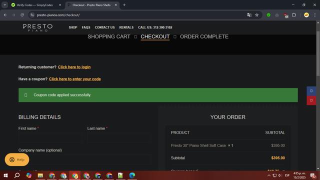 Presto Piano checkout page showing Presto Piano promo code box | Screenshot taken by SimplyCodes community member on Feb 15, 2025