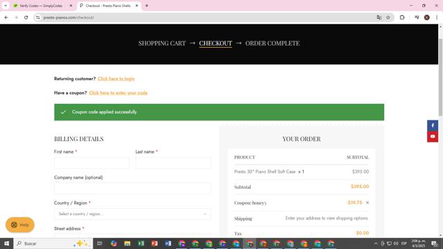 Presto Piano checkout page showing Presto Piano promo code box | Screenshot taken by SimplyCodes community member on Mar 4, 2025