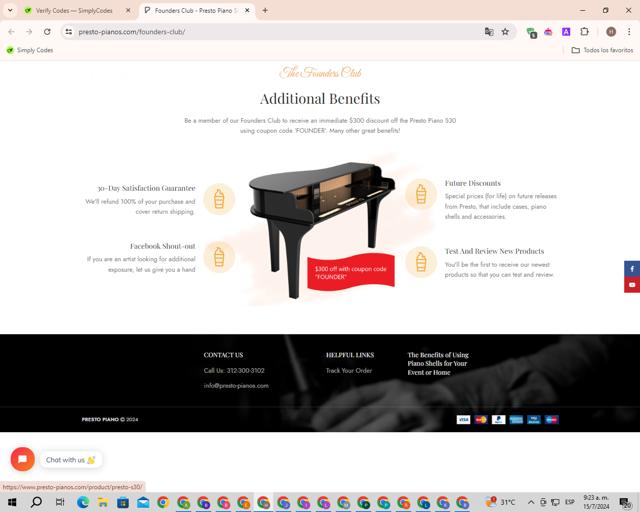 Presto Piano checkout page showing Presto Piano promo code box | Screenshot taken by SimplyCodes community member on Jul 15, 2024