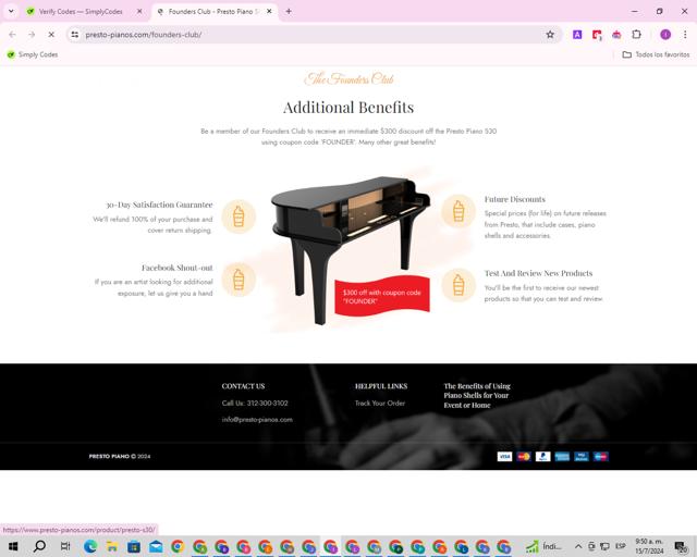 Presto Piano checkout page showing Presto Piano promo code box | Screenshot taken by SimplyCodes community member on Jul 15, 2024