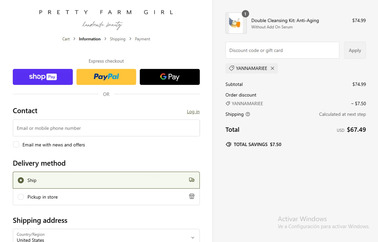 Pretty Farm Girl discount code screenshot showing code YANNAMARIEE applied at Pretty Farm Girl checkout page. Uploaded by SimplyCodes community member Gary_23 on Mar 3, 2025