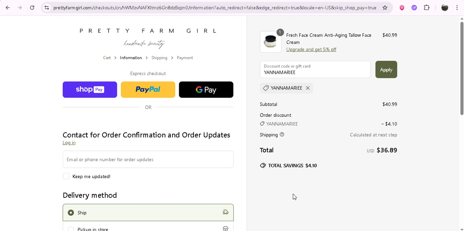 Pretty Farm Girl discount code screenshot showing code YANNAMARIEE applied at Pretty Farm Girl checkout page. Uploaded by SimplyCodes community member JASTIFY on Jun 26, 2025