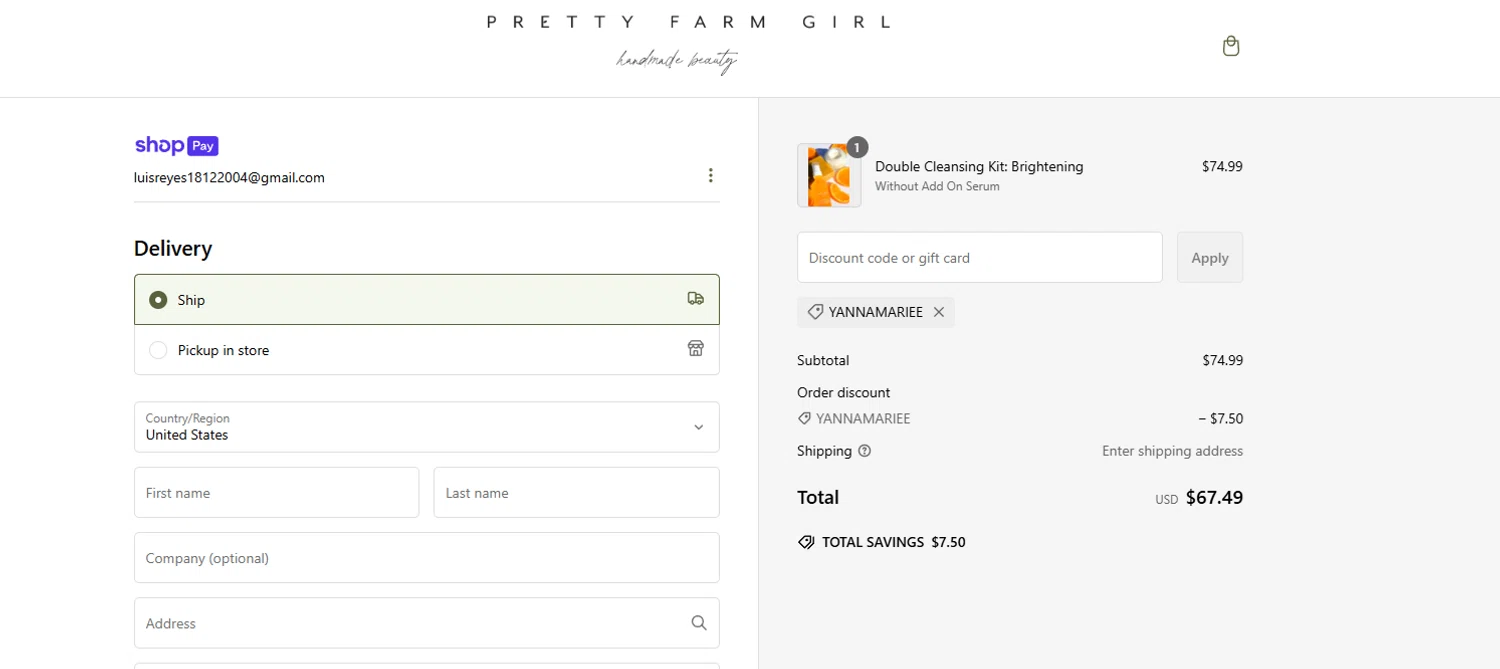 Pretty Farm Girl discount code screenshot showing code YANNAMARIEE applied at Pretty Farm Girl checkout page. Uploaded by SimplyCodes community member GoldPilot8897 on Mar 3, 2025