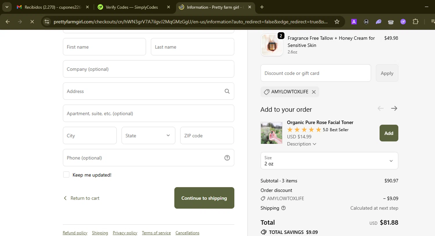 Pretty Farm Girl discount code screenshot showing code AMYLOWTOXLIFE applied at Pretty Farm Girl checkout page. Uploaded by SimplyCodes community member SilverMonarch6357 on Oct 3, 2025