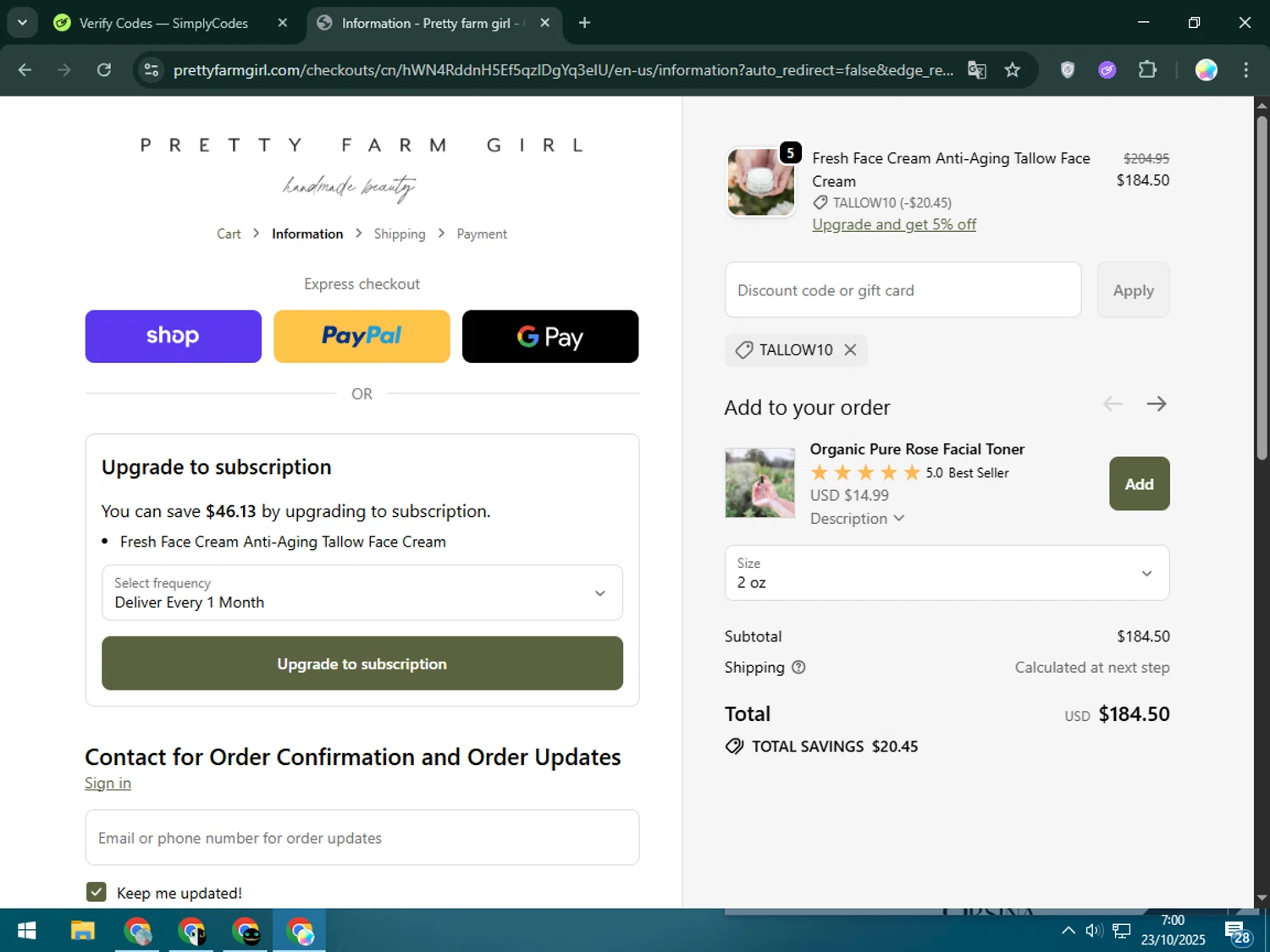 Pretty Farm Girl discount code screenshot showing code TALLOW10 applied at Pretty Farm Girl checkout page. Uploaded by SimplyCodes community member Estrellitacoairis on Oct 23, 2025