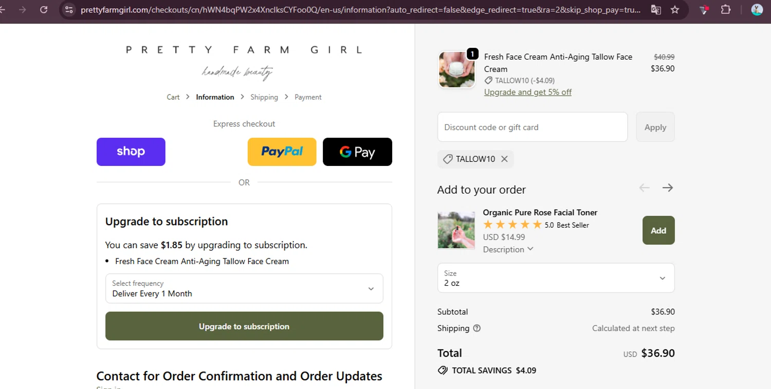 Pretty Farm Girl discount code screenshot showing code TALLOW10 applied at Pretty Farm Girl checkout page. Uploaded by SimplyCodes community member elgatobravo on Oct 27, 2025