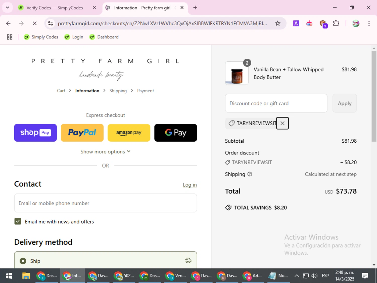Pretty Farm Girl discount code screenshot showing code TARYNREVIEWSIT applied at Pretty Farm Girl checkout page. Uploaded by SimplyCodes community member SilverExpert5694 on Mar 14, 2025