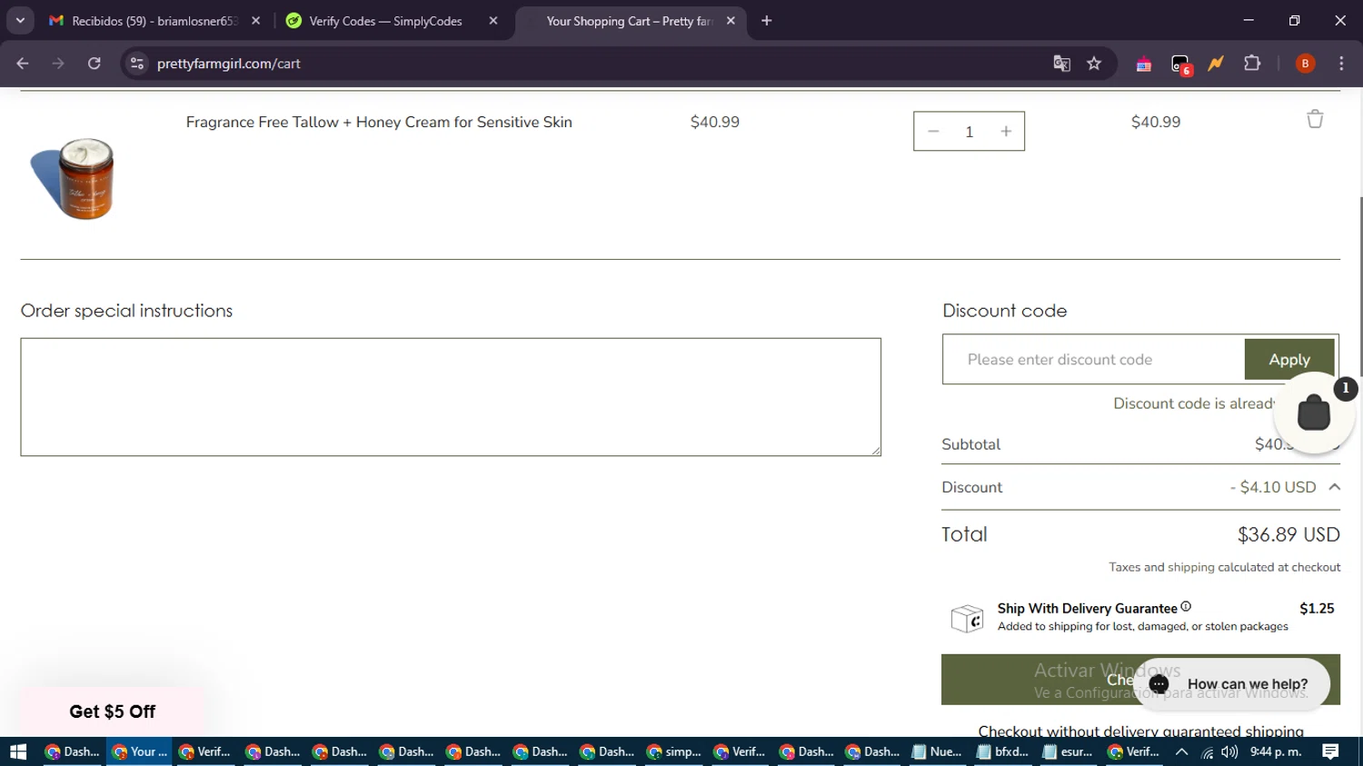 Pretty Farm Girl discount code screenshot showing code Soothe10 applied at Pretty Farm Girl checkout page. Uploaded by SimplyCodes community member DiscountExpert6435 on May 15, 2025