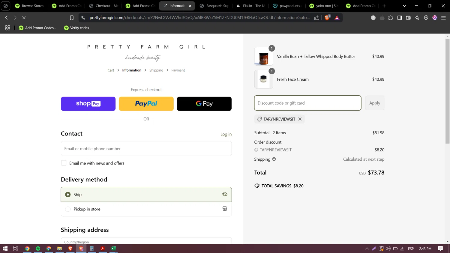 Pretty Farm Girl discount code screenshot showing code TARYNREVIEWSIT applied at Pretty Farm Girl checkout page. Uploaded by SimplyCodes community member yokoono10 on Mar 14, 2025