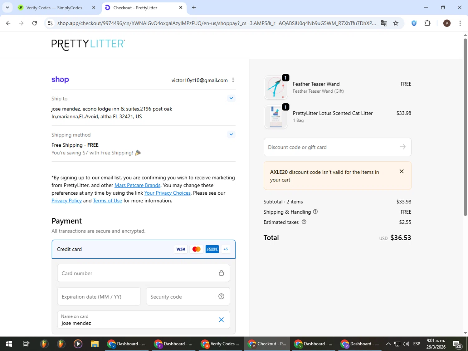 PrettyLitter promo code screenshot showing code AXLE20 applied at PrettyLitter checkout page. Uploaded by SimplyCodes community member CashLion3448 on Mar 26, 2026