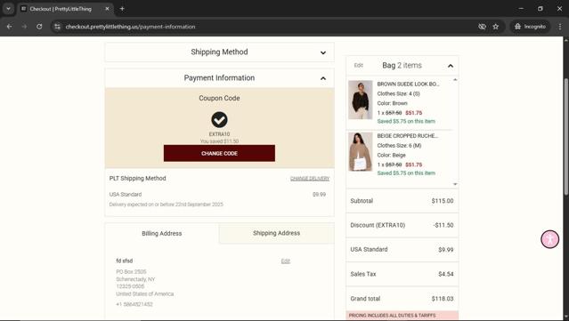 PrettyLittleThing US checkout page showing PrettyLittleThing US promo code box | Screenshot taken by SimplyCodes community member on Sep 12, 2025