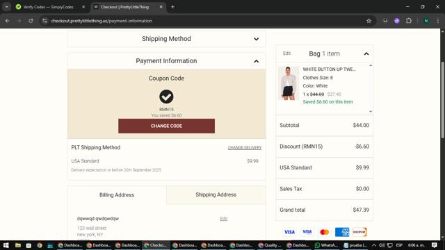 PrettyLittleThing US checkout page showing PrettyLittleThing US promo code box | Screenshot taken by SimplyCodes community member on Sep 11, 2025