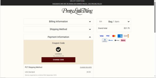 PrettyLittleThing US checkout page showing PrettyLittleThing US promo code box | Screenshot taken by SimplyCodes community member on Sep 11, 2025