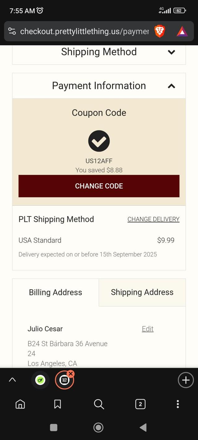 PrettyLittleThing US checkout page showing PrettyLittleThing US promo code box | Screenshot taken by SimplyCodes community member on Sep 5, 2025