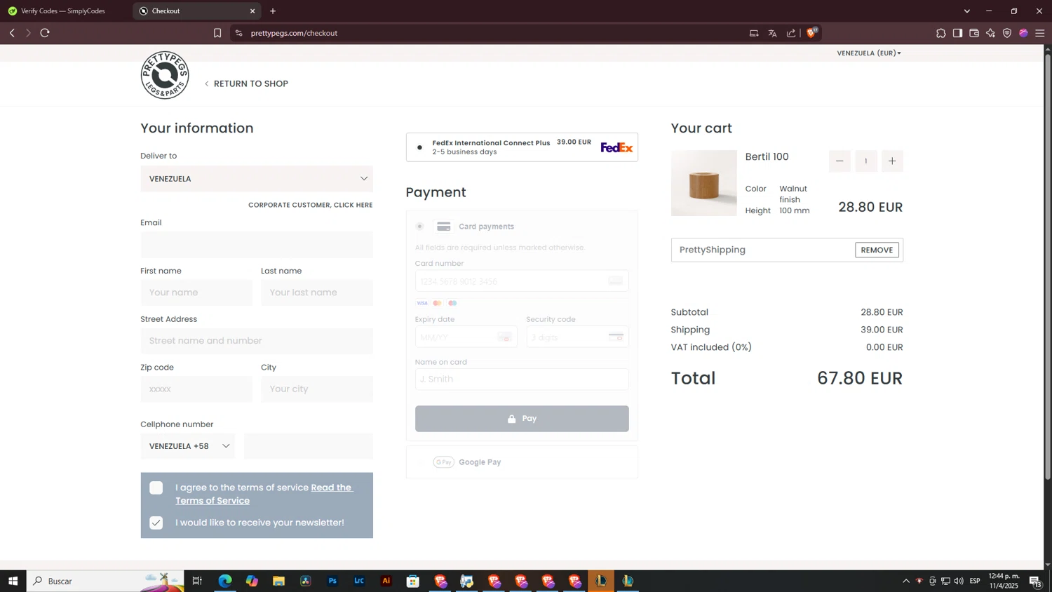 Prettypegs checkout page showing Prettypegs promo code box | Screenshot taken by SimplyCodes community member on Apr 11, 2025