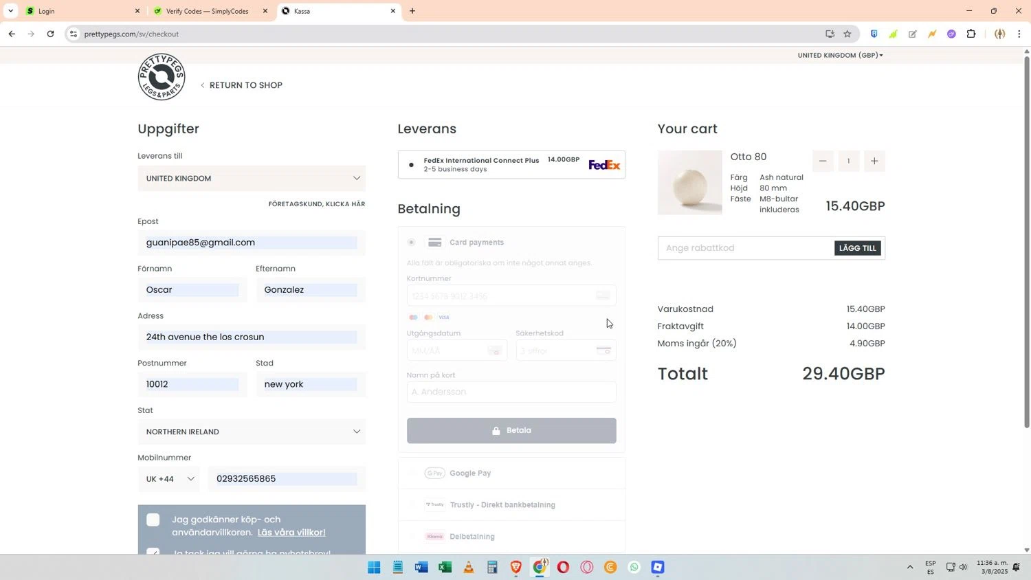 Prettypegs promo code screenshot showing code SWEDEN20 applied at Prettypegs checkout page. Uploaded by SimplyCodes community member Elimix on Aug 3, 2025
