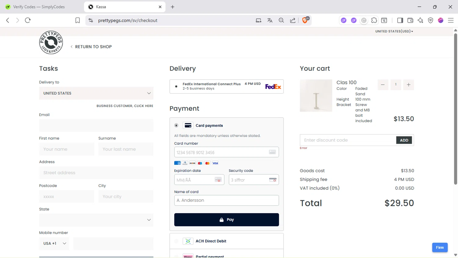 Prettypegs promo code screenshot showing code SWEDEN20 applied at Prettypegs checkout page. Uploaded by SimplyCodes community member SapeGato on Sep 1, 2025
