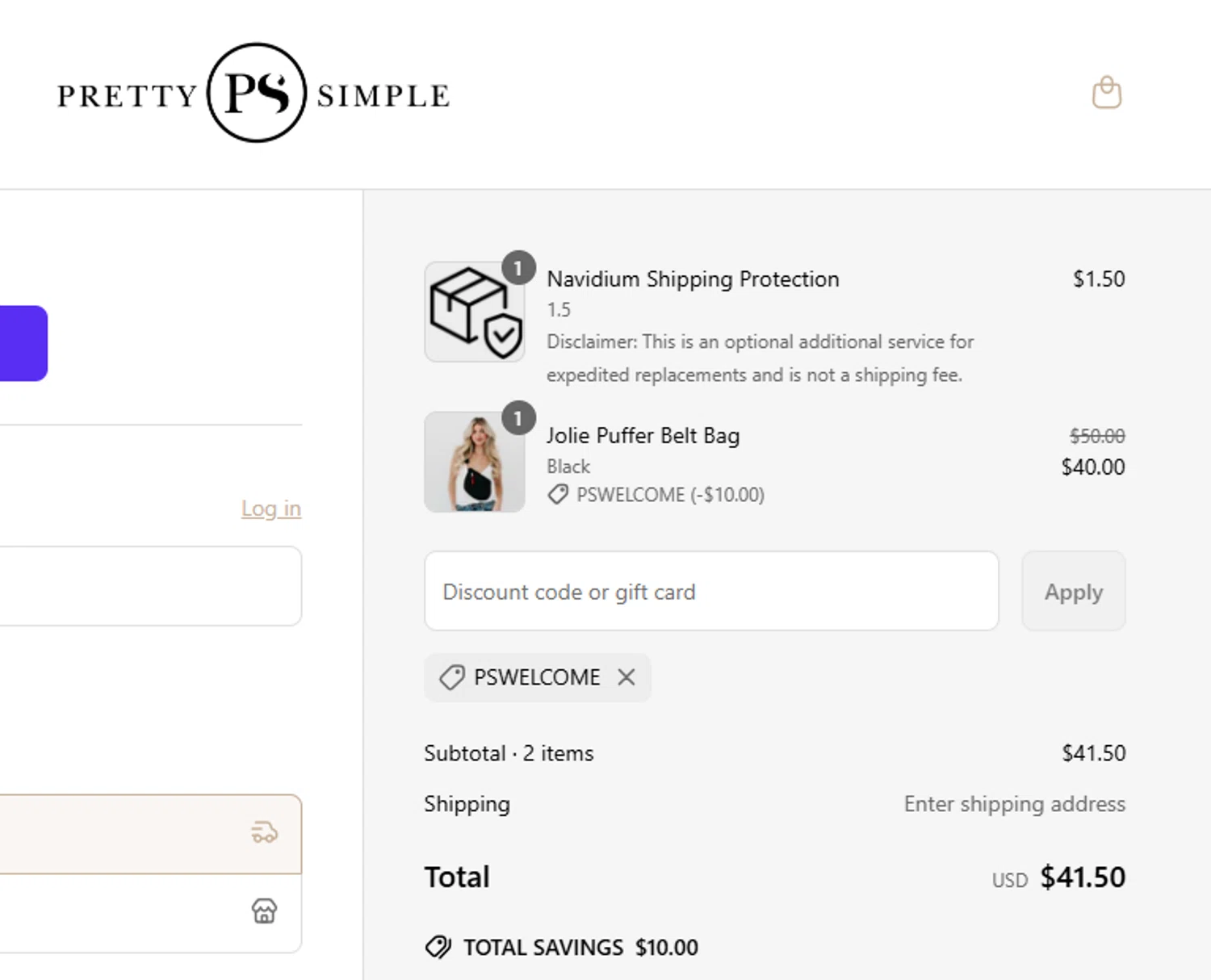 Pretty Simple coupon code screenshot showing code PSWELCOME applied at Pretty Simple checkout page. Uploaded by SimplyCodes community member BargainLegend9813 on Jun 15, 2025