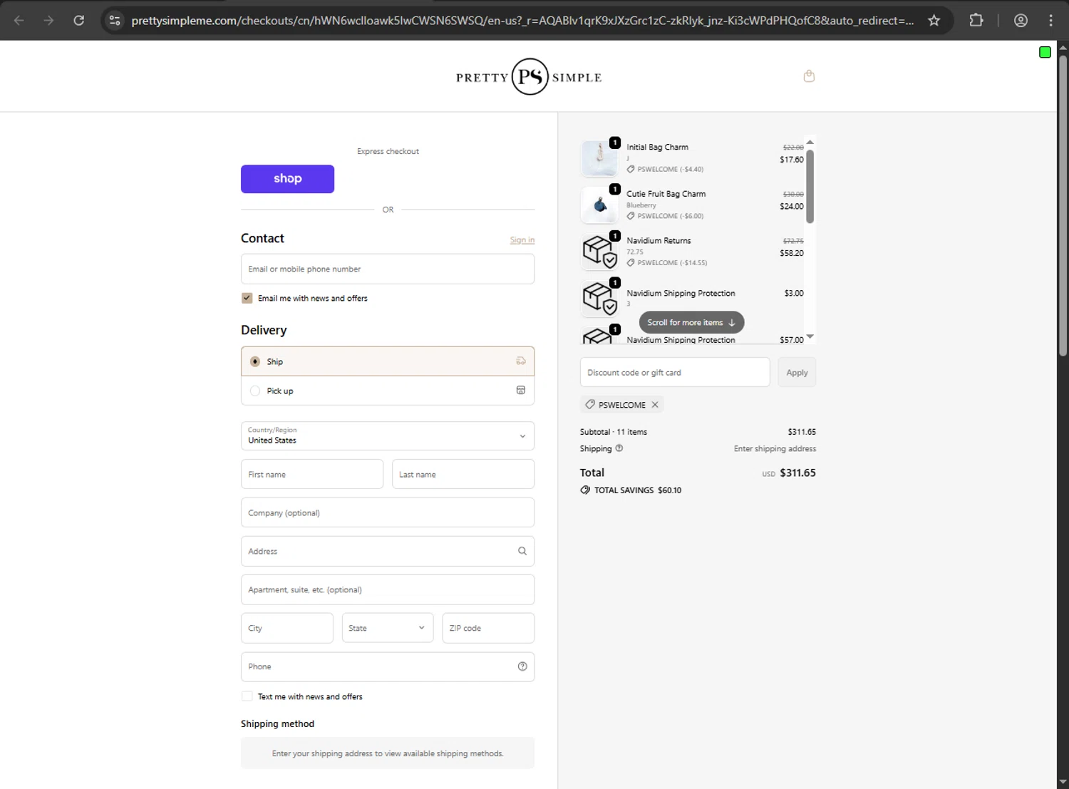 Pretty Simple coupon code screenshot showing code PSWELCOME applied at Pretty Simple checkout page. Uploaded by SimplyCodes community member JakePerrox on Dec 28, 2025