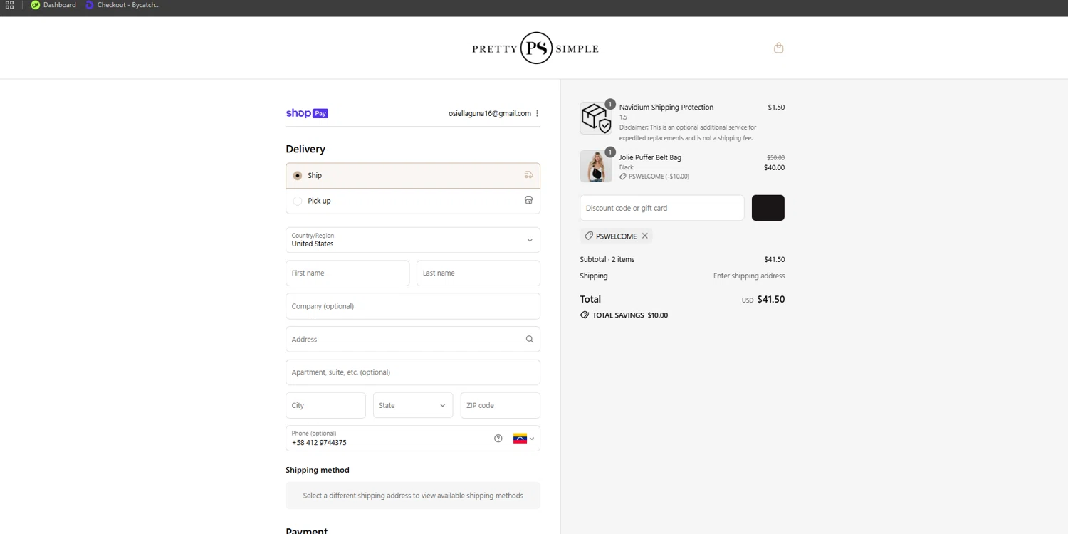 Pretty Simple coupon code screenshot showing code PSWELCOME applied at Pretty Simple checkout page. Uploaded by SimplyCodes community member ishidashoya on Aug 9, 2025