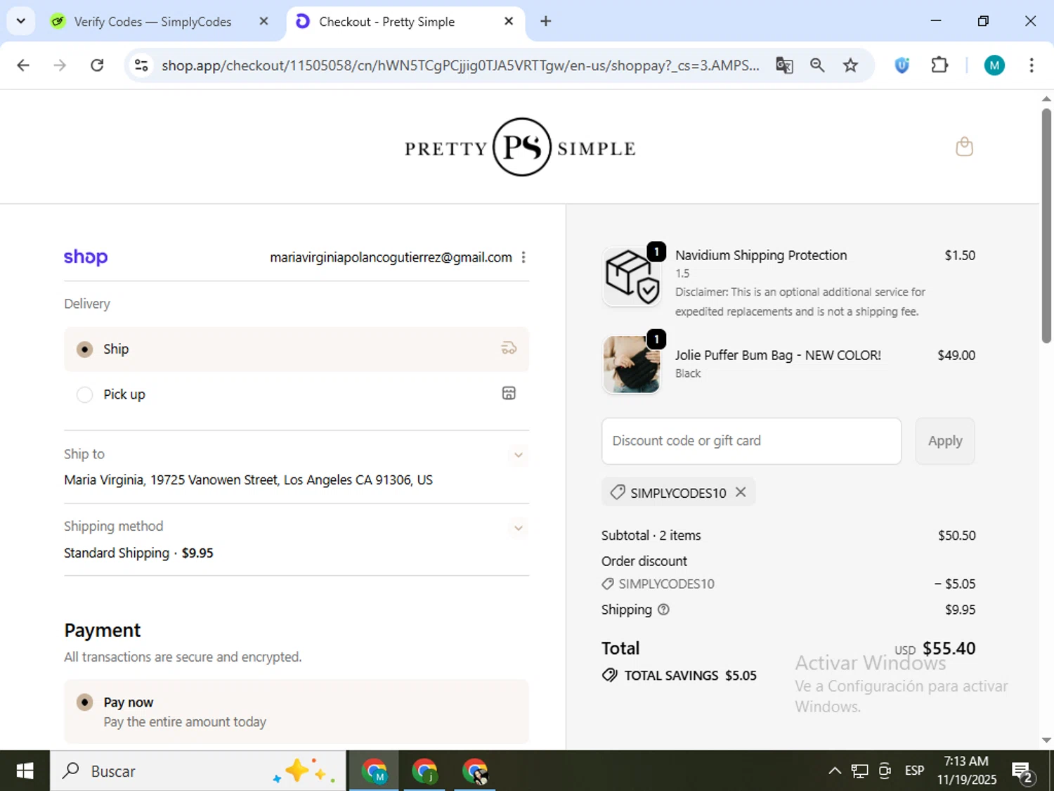 Pretty Simple coupon code screenshot showing code SIMPLYCODES10 applied at Pretty Simple checkout page. Uploaded by SimplyCodes community member estrellaveloz on Nov 19, 2025