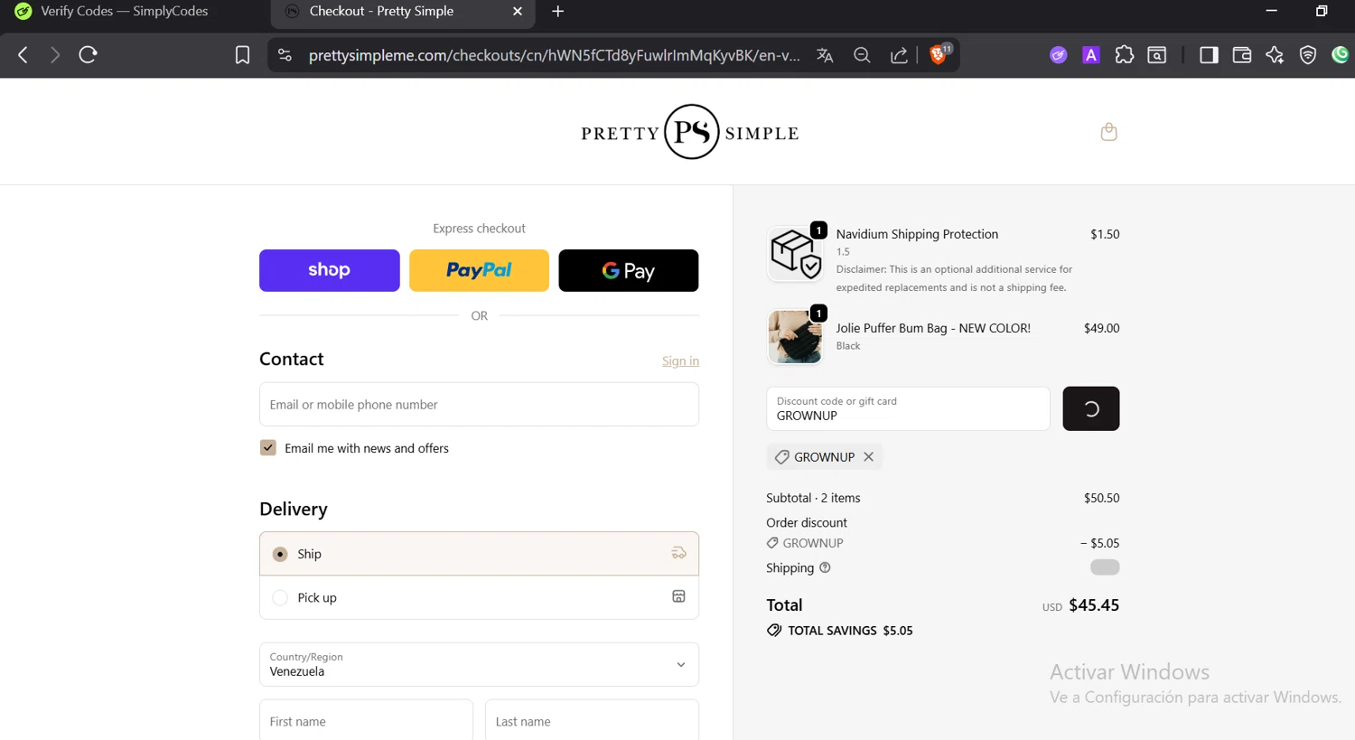 Pretty Simple coupon code screenshot showing code GROWNUP applied at Pretty Simple checkout page. Uploaded by SimplyCodes community member CashElite5536 on Nov 24, 2025