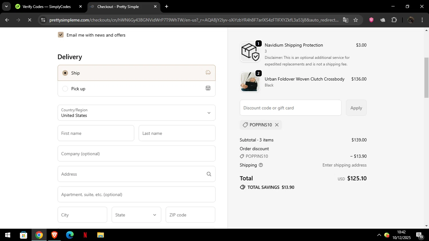 Pretty Simple coupon code screenshot showing code POPPINS10 applied at Pretty Simple checkout page. Uploaded by SimplyCodes community member ELYEYE on Dec 10, 2025