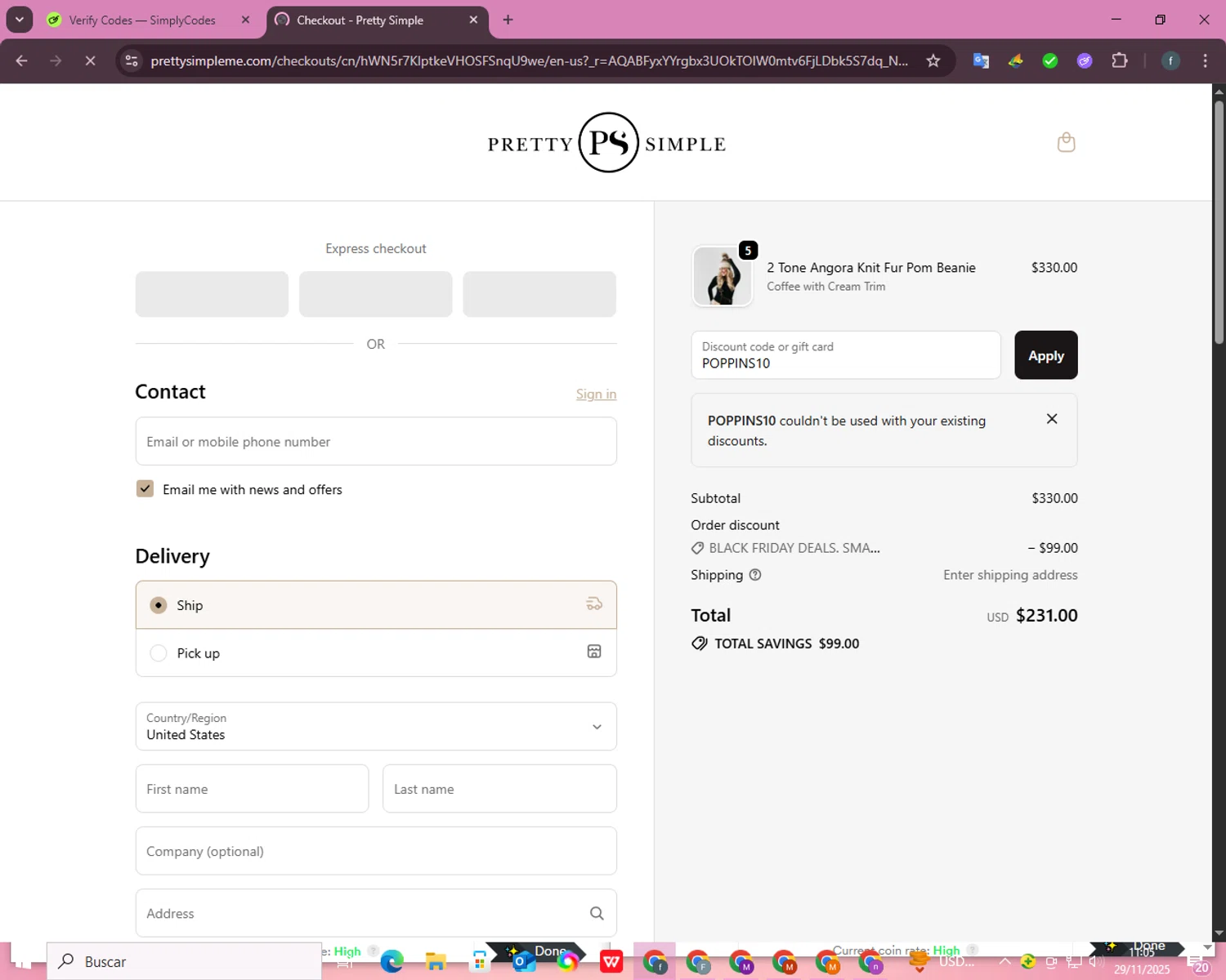 Pretty Simple coupon code screenshot showing code POPPINS10 applied at Pretty Simple checkout page. Uploaded by SimplyCodes community member chimoetigritigri on Nov 29, 2025