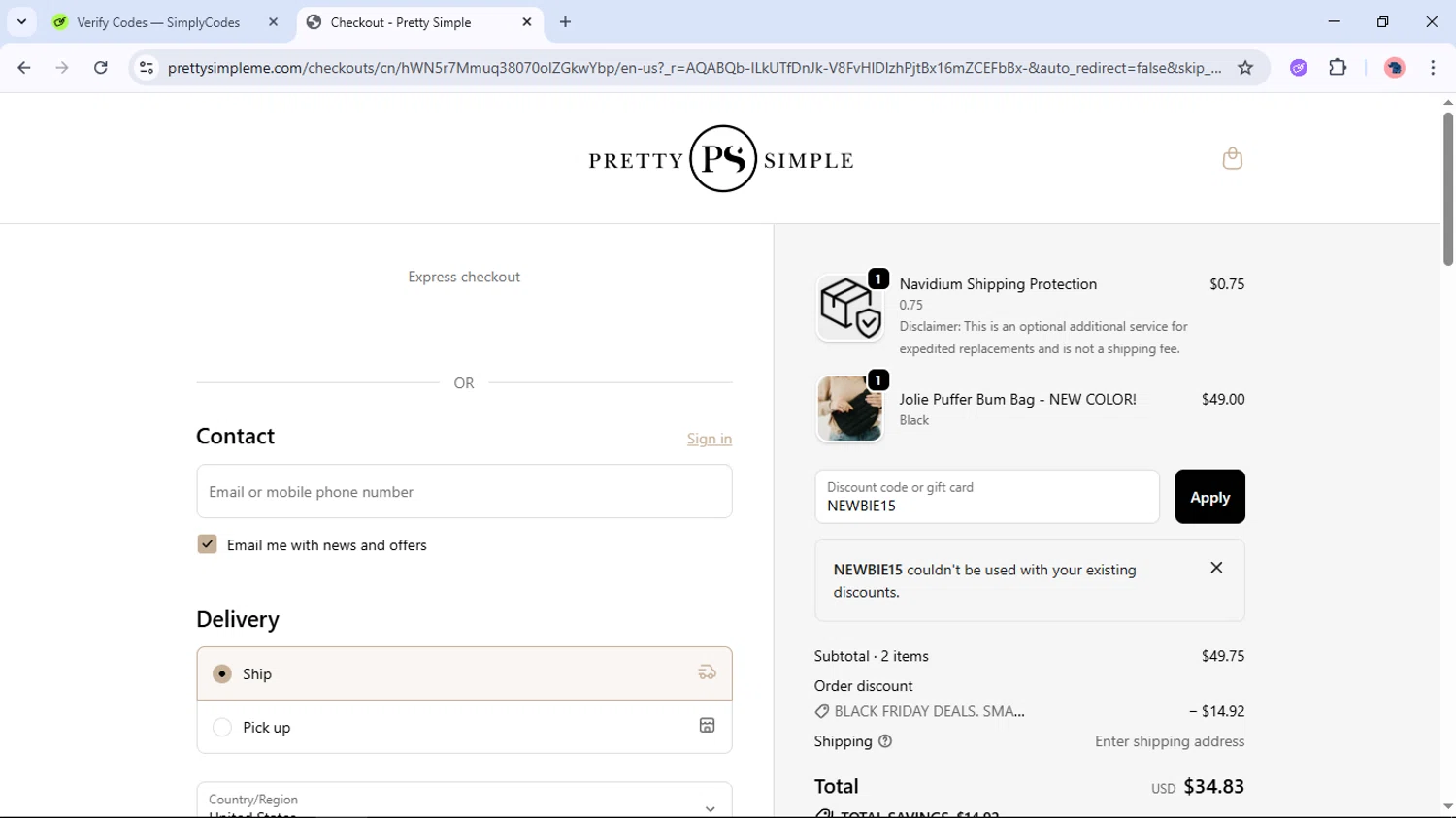 Pretty Simple coupon code screenshot showing code NEWBIE15 applied at Pretty Simple checkout page. Uploaded by SimplyCodes community member Cucalina on Nov 29, 2025