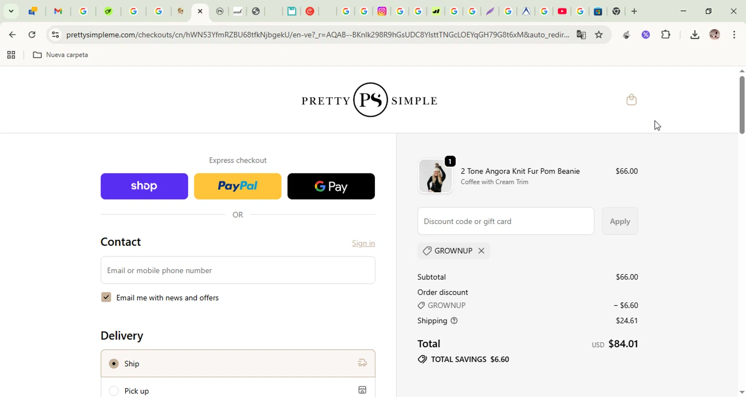 Pretty Simple coupon code screenshot showing code GROWNUP applied at Pretty Simple checkout page. Uploaded by SimplyCodes community member armalissolorzano1 on Nov 8, 2025