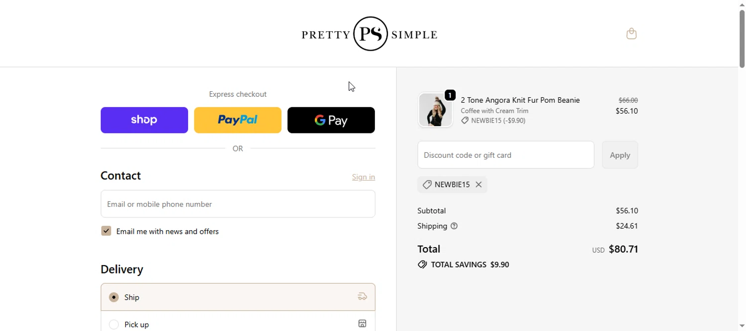 Pretty Simple coupon code screenshot showing code NEWBIE15 applied at Pretty Simple checkout page. Uploaded by SimplyCodes community member armalissolorzano1 on Nov 8, 2025
