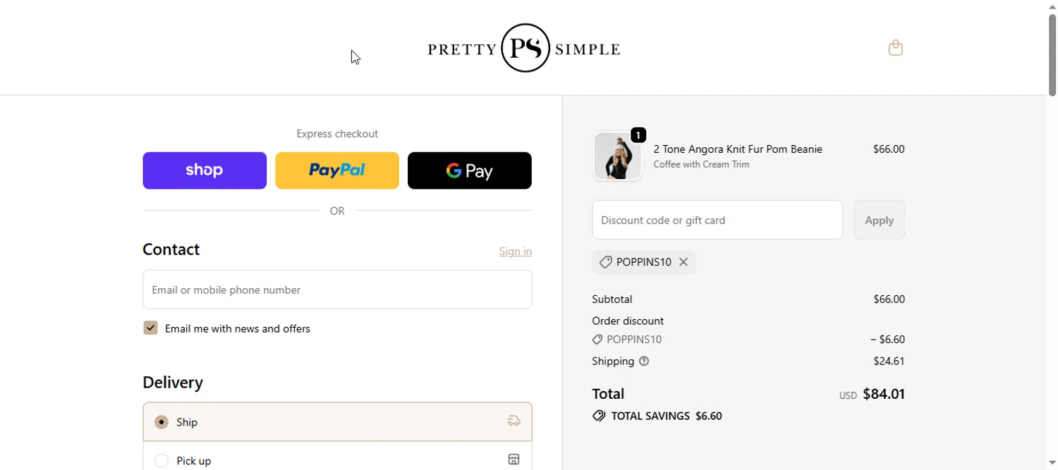 Pretty Simple coupon code screenshot showing code POPPINS10 applied at Pretty Simple checkout page. Uploaded by SimplyCodes community member armalissolorzano1 on Nov 8, 2025