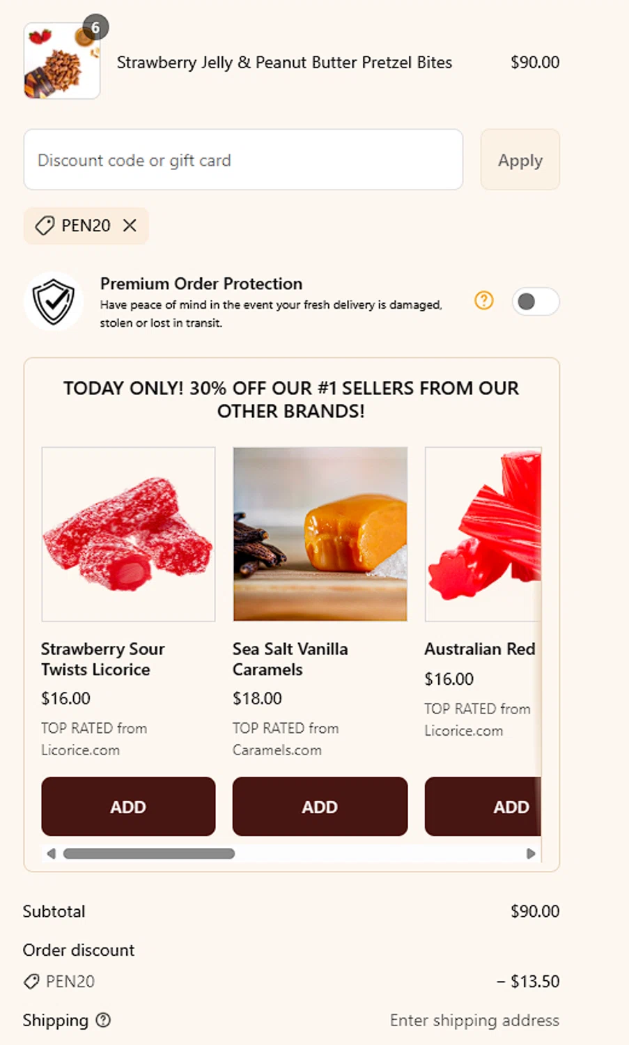 Pretzels.com promo code screenshot showing code PEN20 applied at Pretzels.com checkout page. Uploaded by SimplyCodes community member DECOPENH on May 11, 2025