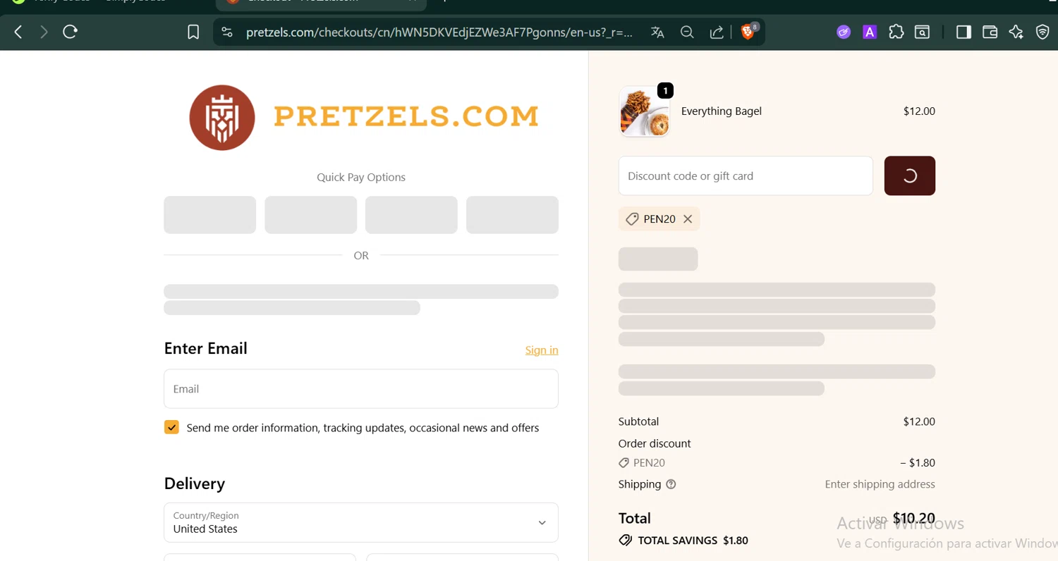 Pretzels.com promo code screenshot showing code PEN20 applied at Pretzels.com checkout page. Uploaded by SimplyCodes community member PennyCaptain4684 on Nov 12, 2025