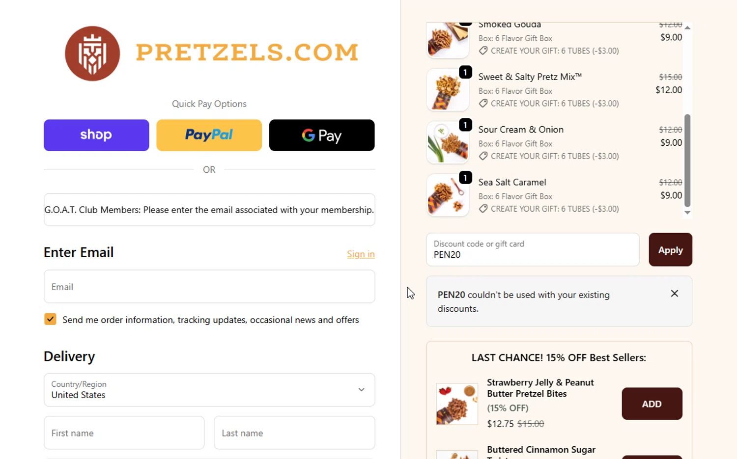 Pretzels.com promo code screenshot showing code PEN20 applied at Pretzels.com checkout page. Uploaded by SimplyCodes community member VictoriousElite9587 on Oct 5, 2025