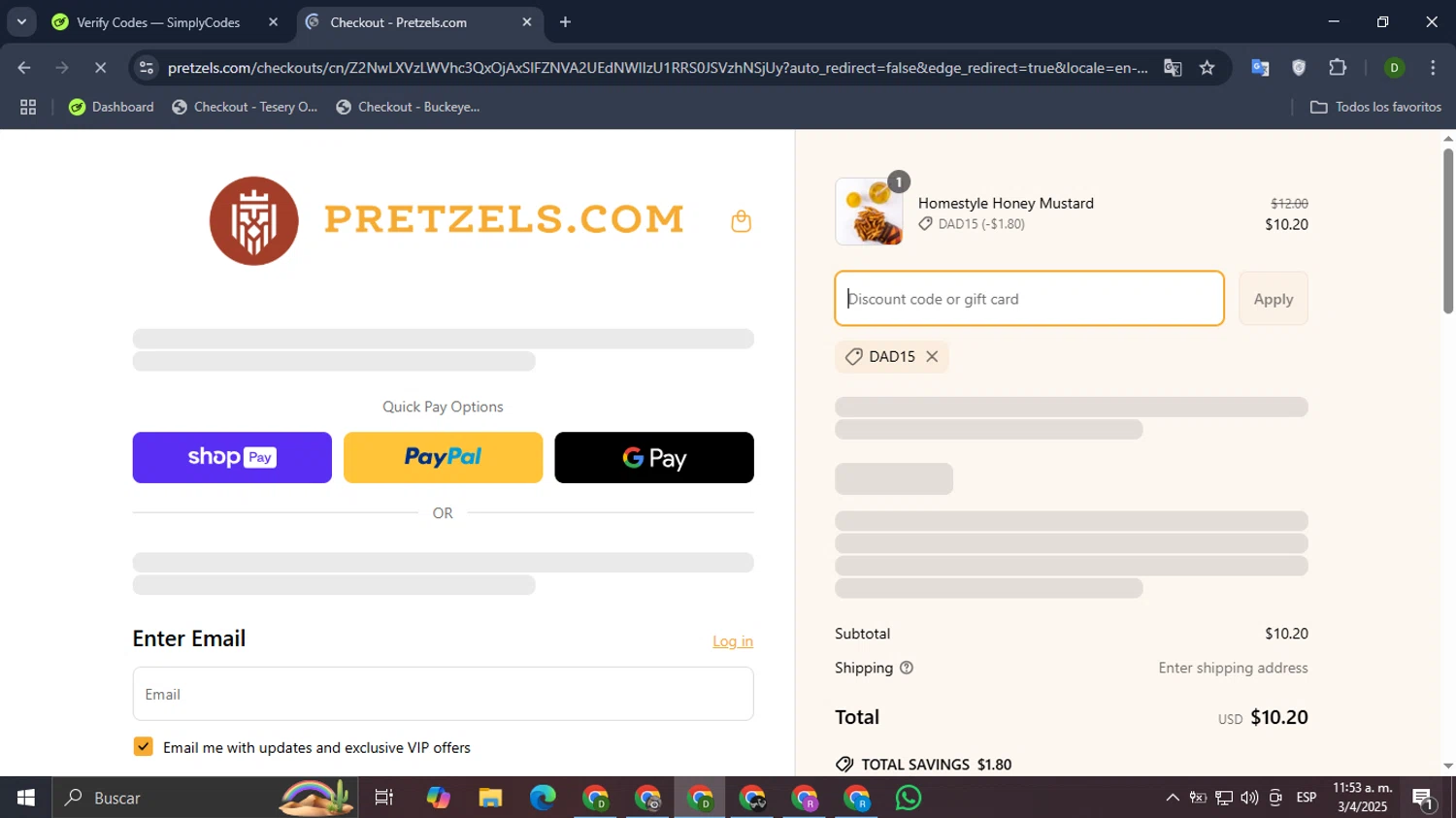 Pretzels.com promo code screenshot showing code DAD15 applied at Pretzels.com checkout page. Uploaded by SimplyCodes community member BadMyke on Apr 3, 2025