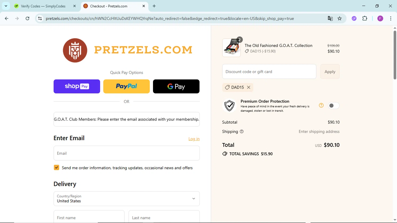Pretzels.com promo code screenshot showing code DAD15 applied at Pretzels.com checkout page. Uploaded by SimplyCodes community member ShieldTitan6985 on Aug 25, 2025