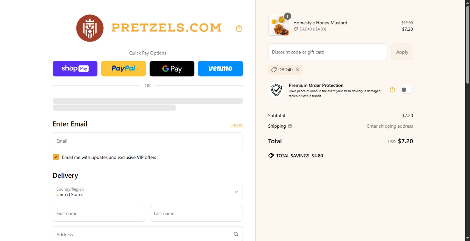 Pretzels.com promo code screenshot showing code DAD40 applied at Pretzels.com checkout page. Uploaded by SimplyCodes community member LlonardoLotes on Jun 21, 2025