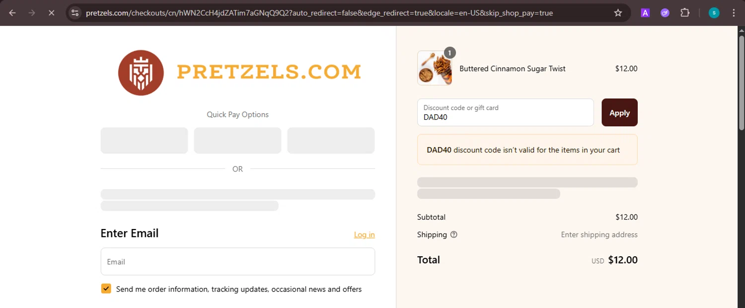 Pretzels.com promo code screenshot showing code DAD40 applied at Pretzels.com checkout page. Uploaded by SimplyCodes community member ValiantChaser7723 on Aug 25, 2025