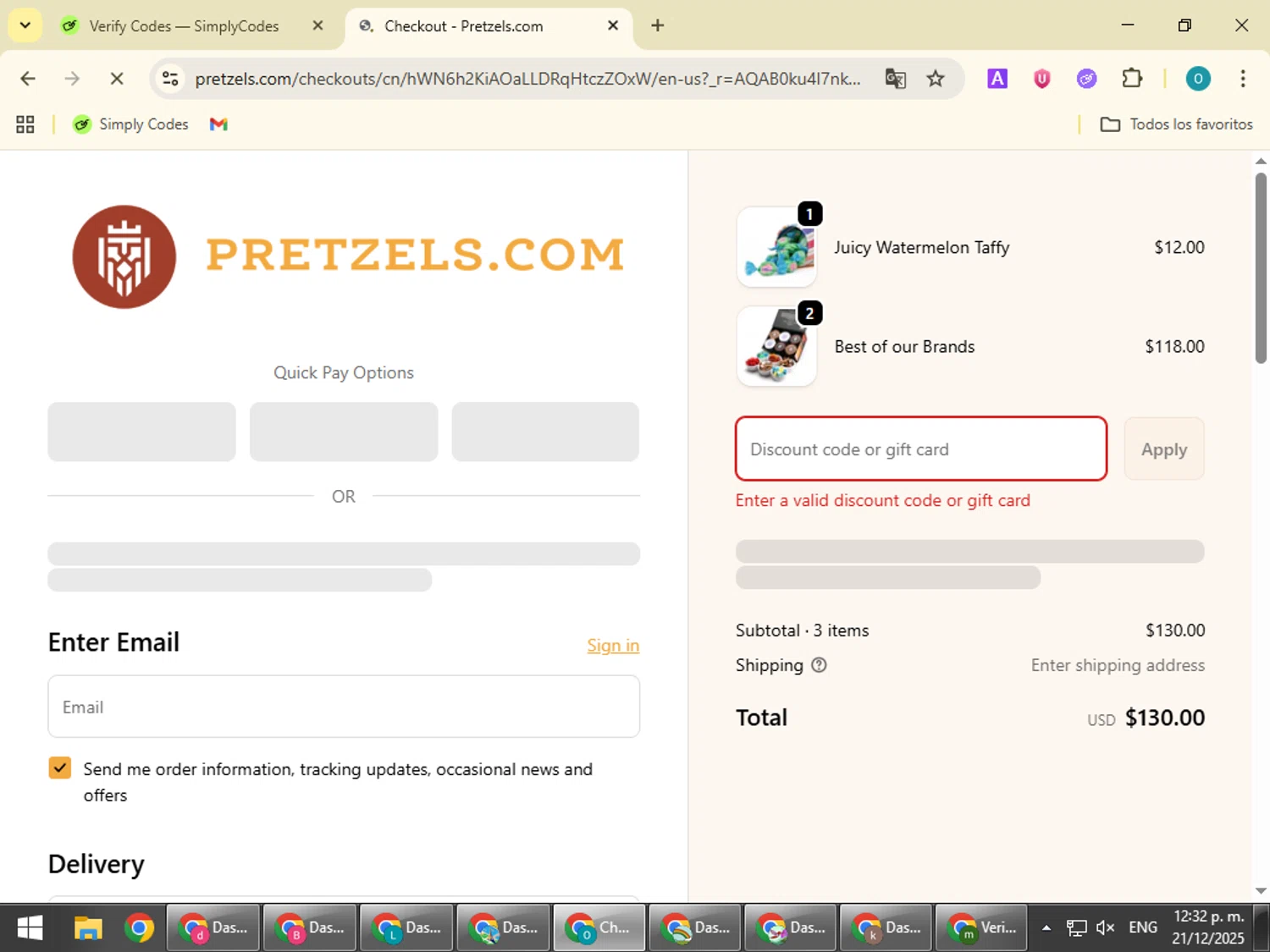 Pretzels.com promo code screenshot showing code TRYME20 applied at Pretzels.com checkout page. Uploaded by SimplyCodes community member BudgetSeeker9524 on Dec 21, 2025