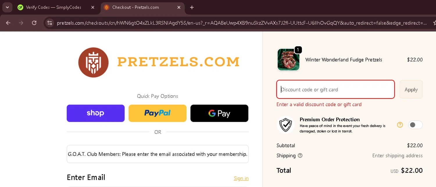 Pretzels.com promo code screenshot showing code TRYME20 applied at Pretzels.com checkout page. Uploaded by SimplyCodes community member Morketools on Dec 21, 2025