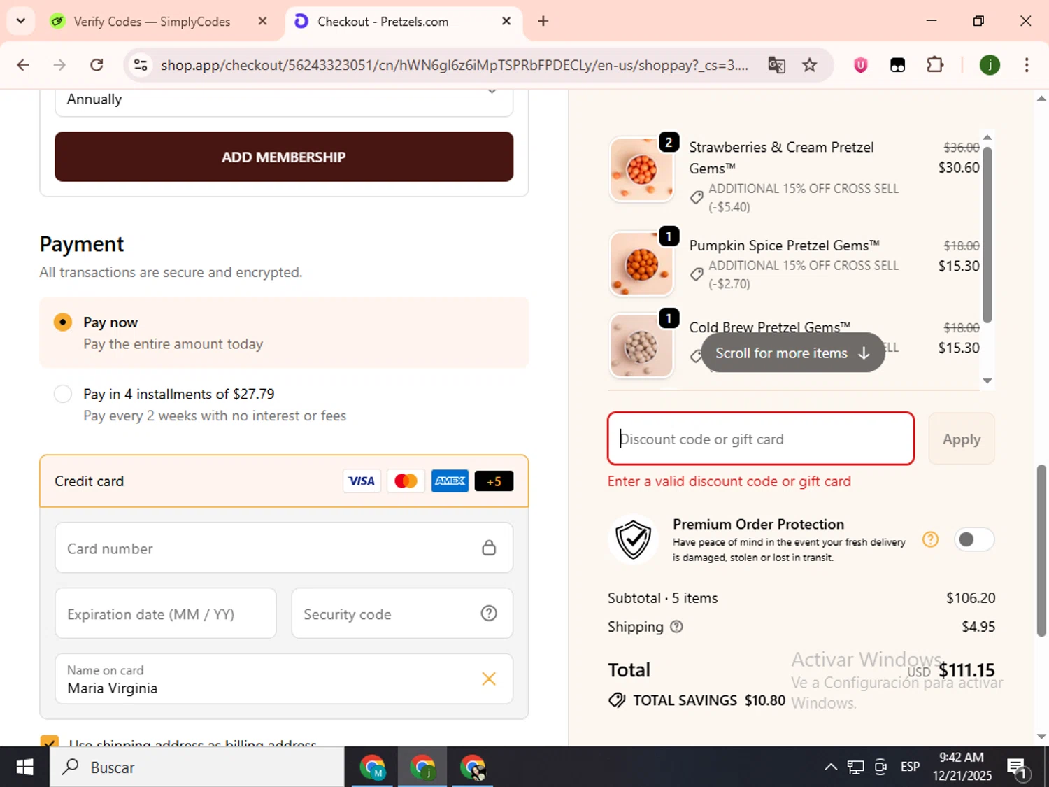 Pretzels.com promo code screenshot showing code TRYME20 applied at Pretzels.com checkout page. Uploaded by SimplyCodes community member SavingsCollector2592 on Dec 21, 2025